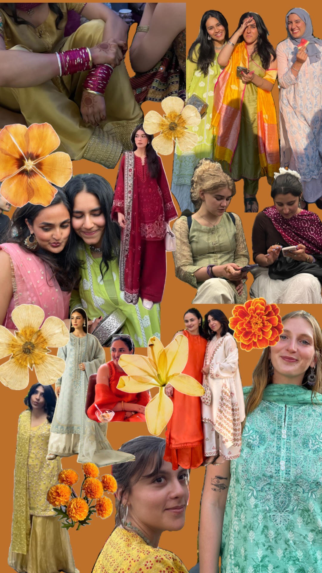 Collage of guests in kurtas, saris, lehengas and suits